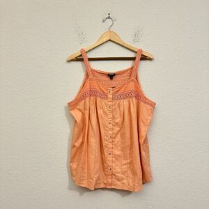 NWT TORRID Cotton Button-Up Embroidered Crochet Tank Top in Peach Bloom